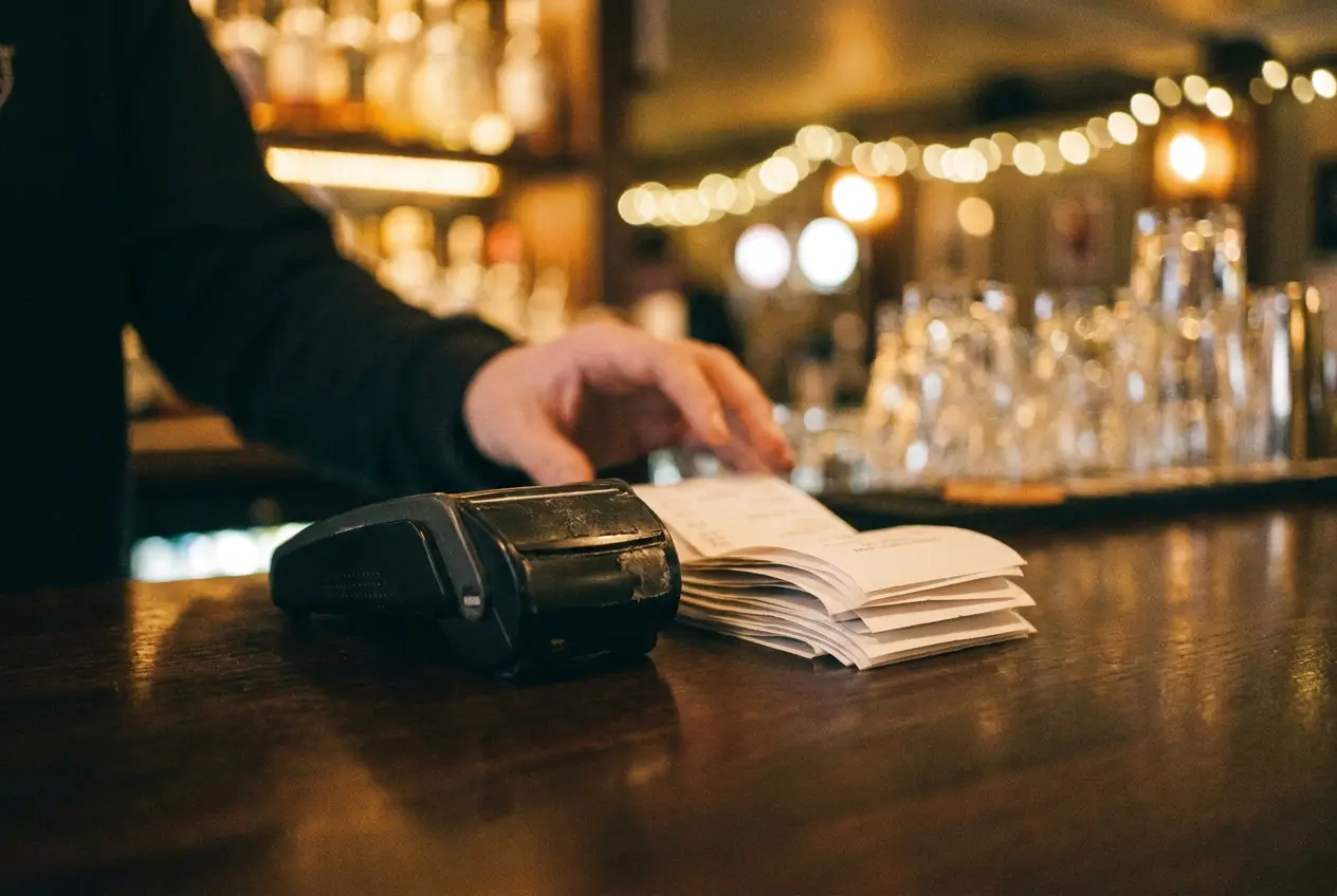 A card reader and a neat stack of receipts on a polished wooden bar top under warm lights