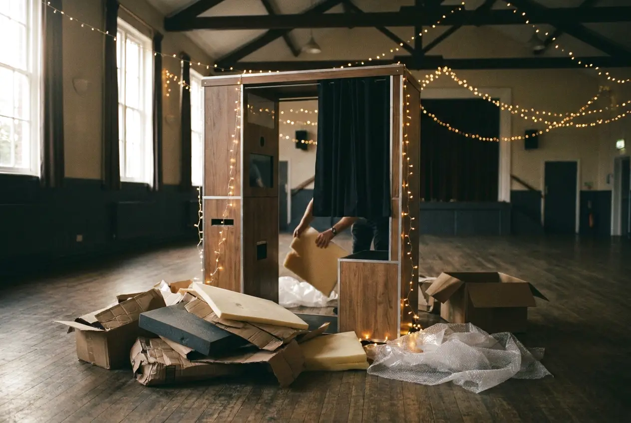 A new photo booth being unboxed in an empty hall, packaging on the floor, afternoon light