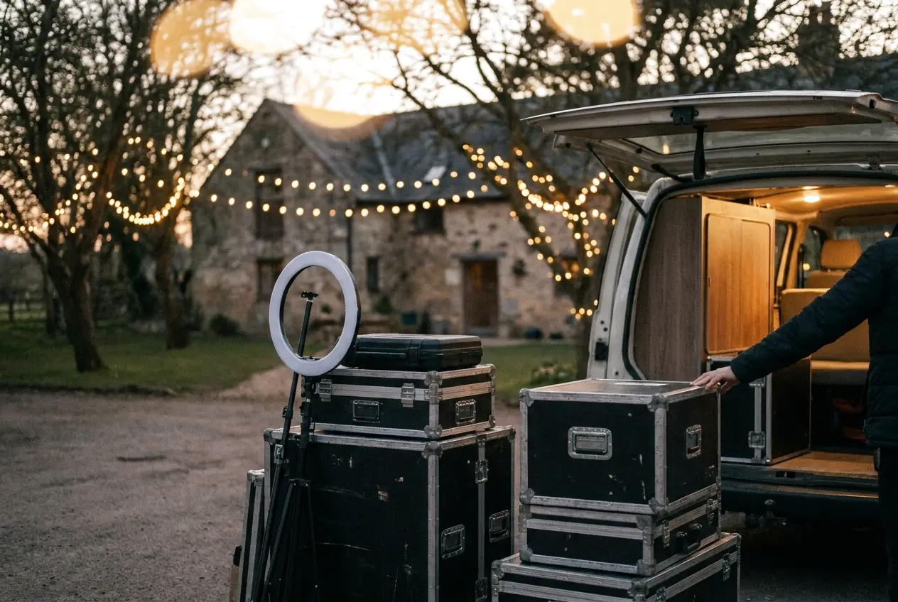 Flight cases and a folded ring light beside an open van outside a country venue at dusk