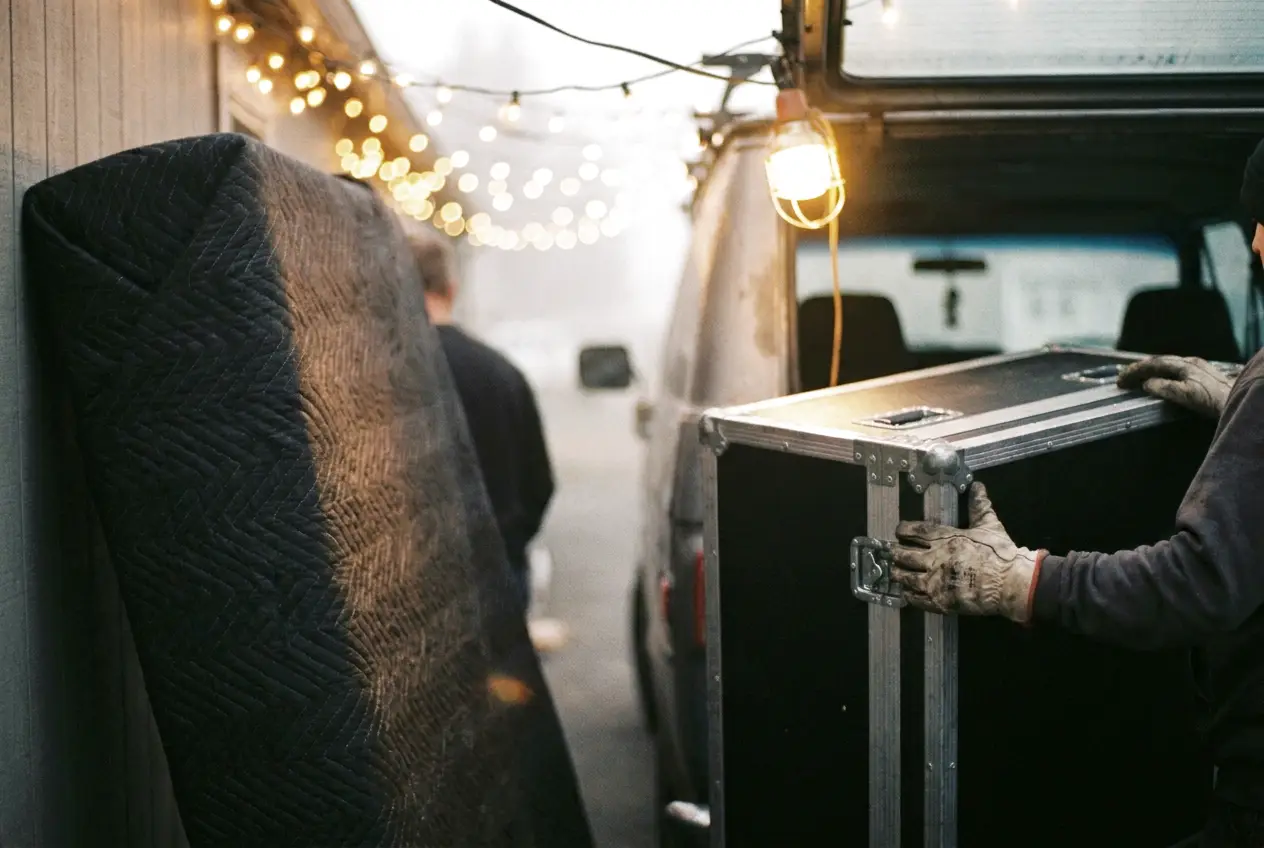Hands lifting a padded flight case into a van in the early morning, a second booth wrapped in a blanket beside it