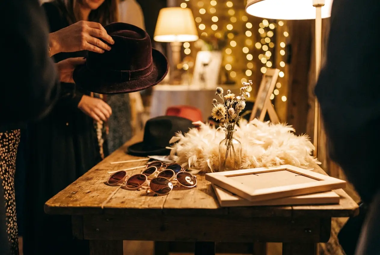 A wooden table of photo booth props: hats, round sunglasses, a feather boa and blank frames under warm lamps