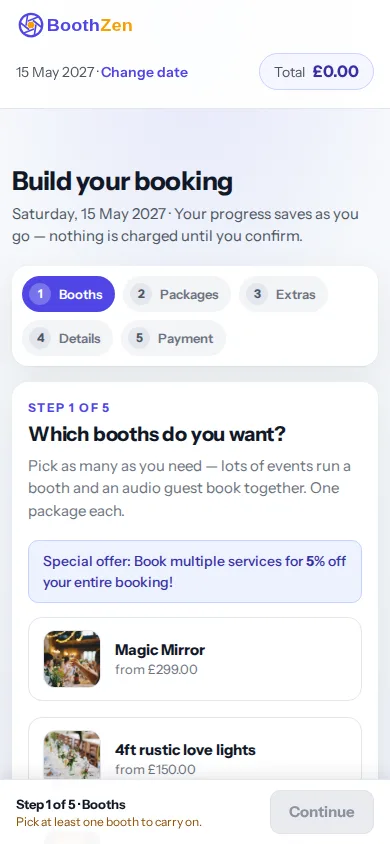 A booking page on a phone, at step one of five: the event date and the booths a customer can pick