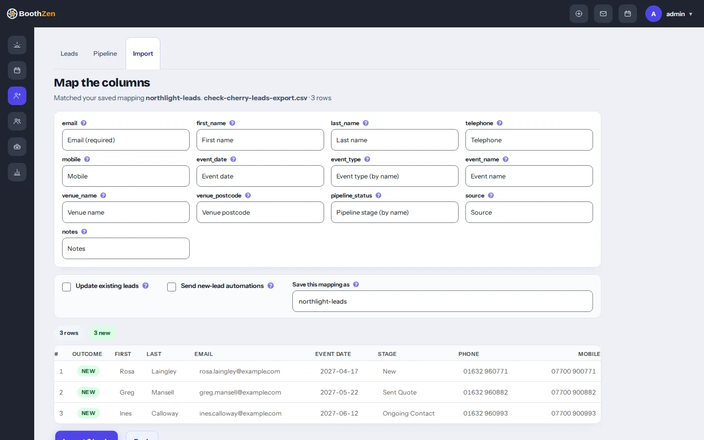 The import screen with a Check Cherry export mapped to BoothZen fields