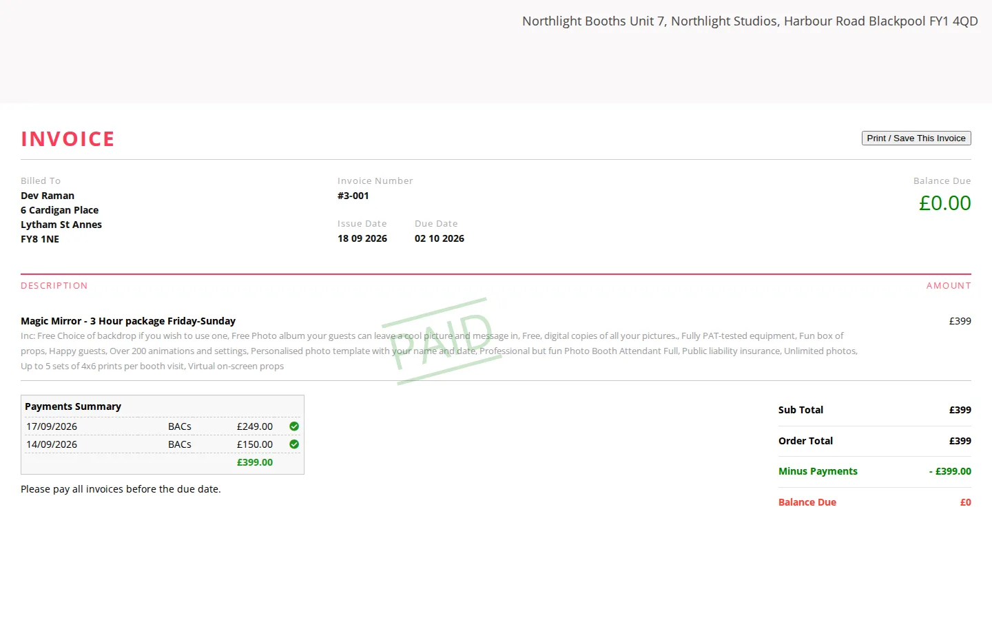 An invoice marked paid with the deposit and balance lines